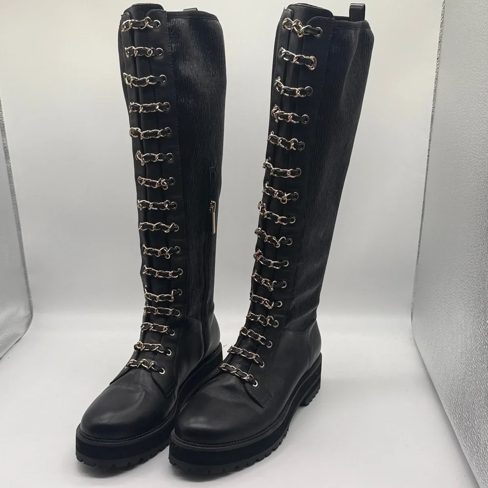 Cecelia New York Gold Chain Lace Knee High Tiny Leather Boot 8.5 Black